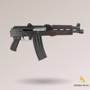 Zastava ZPAP85 5.56 AK pistol in Pakistan" / "Zastava ZPAP85 right profile, wood handguard" / "Zastava ZPAP85 chrome-lined barrel and bulged trunnion receiver